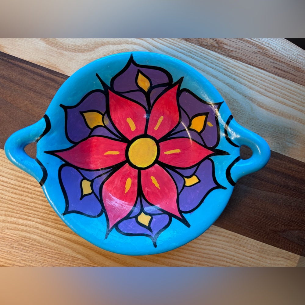 3/$30✨🌸Vibrant Folk Art Hand-Painted Handled Trinket Dish | Floral Boho 🌼